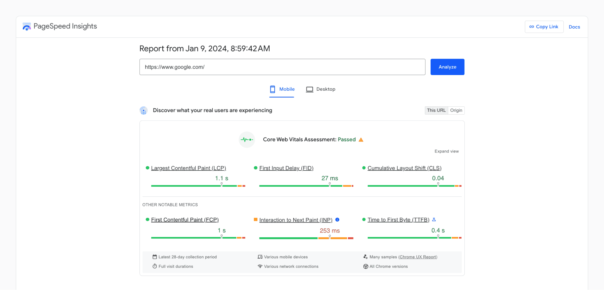 The mobile Core Web Vitals for google.com.