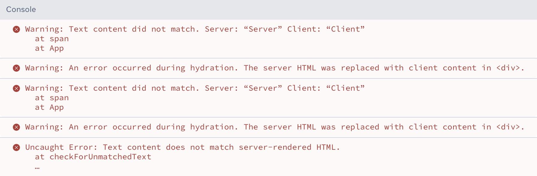 Example of a hydration error message in React 18.