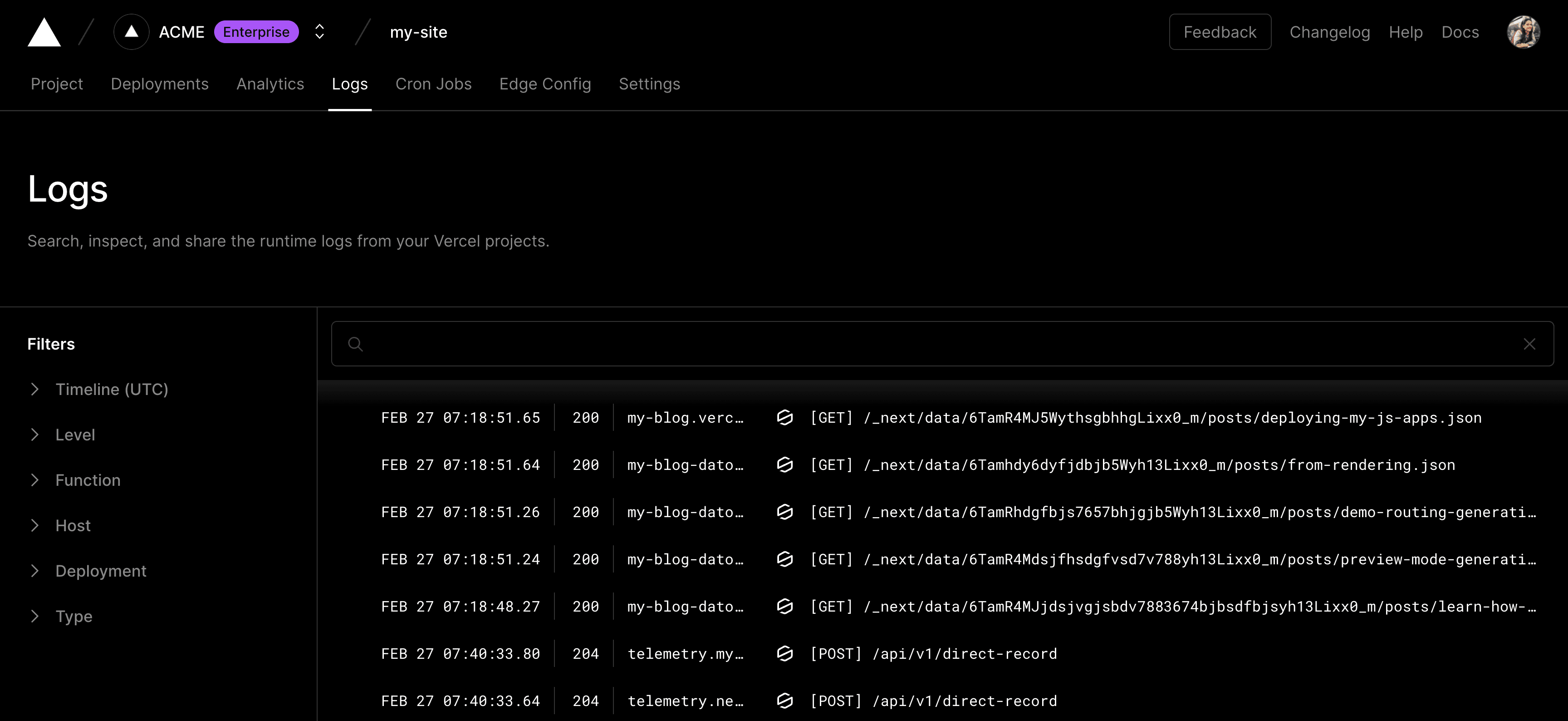 Layout to visualize the runtime logs.