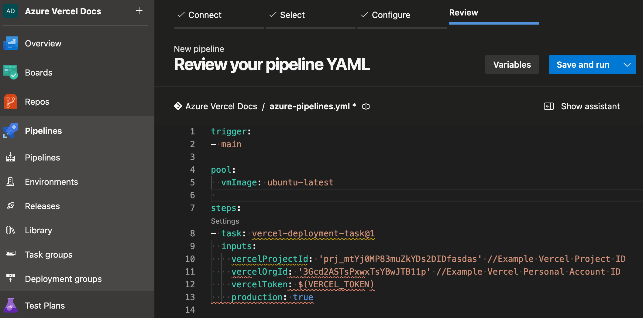 Azure DevOps Pipeline creation at the review stage to create variables and save/edit your pipeline