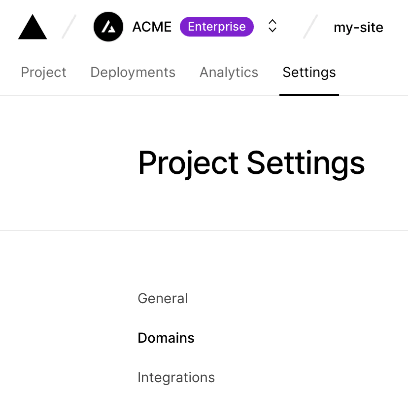 Selecting the Domains menu item from the Project Settings page.