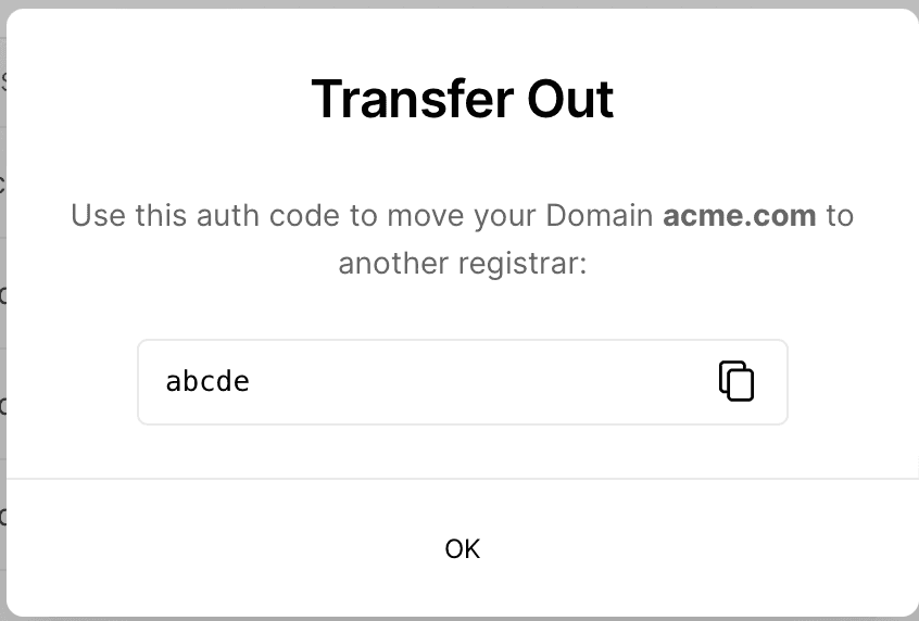 Modal for domain's transfer authorization code.