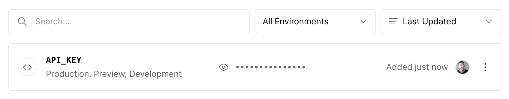 An example of an Environment Variable with the search and filter inputs above.