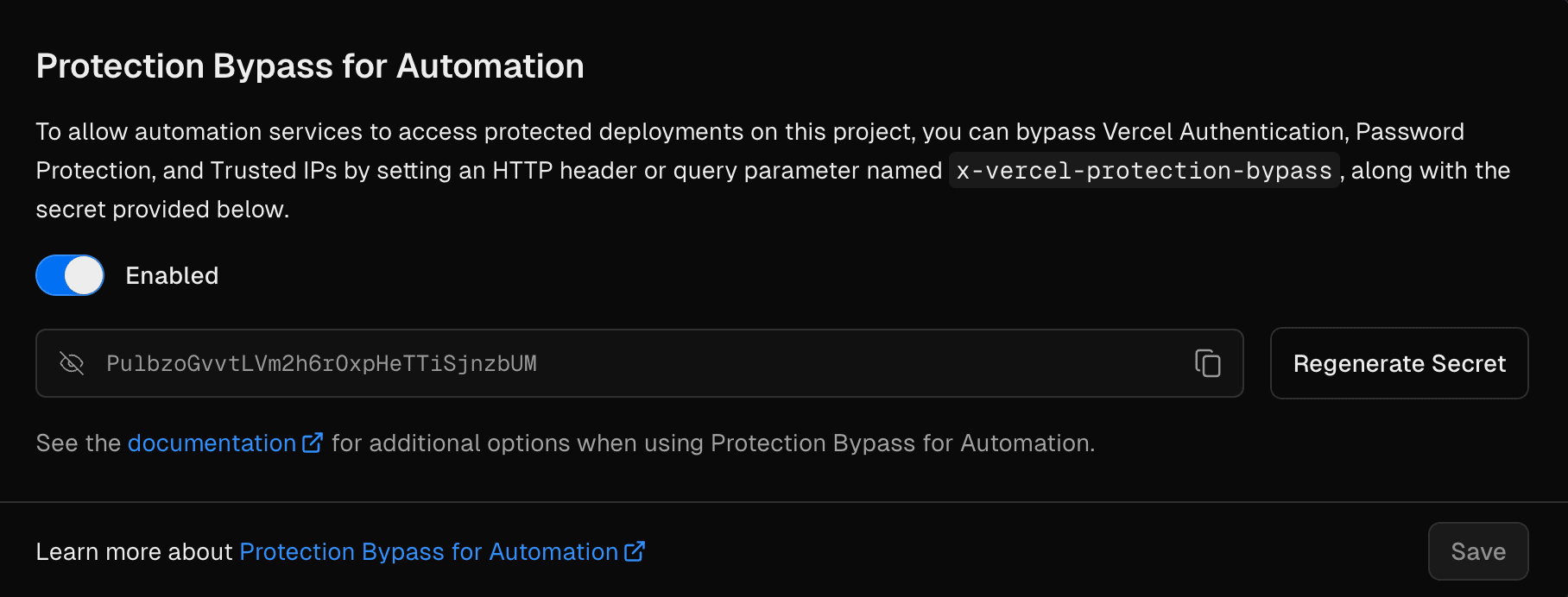 Protection Bypass for Automation option