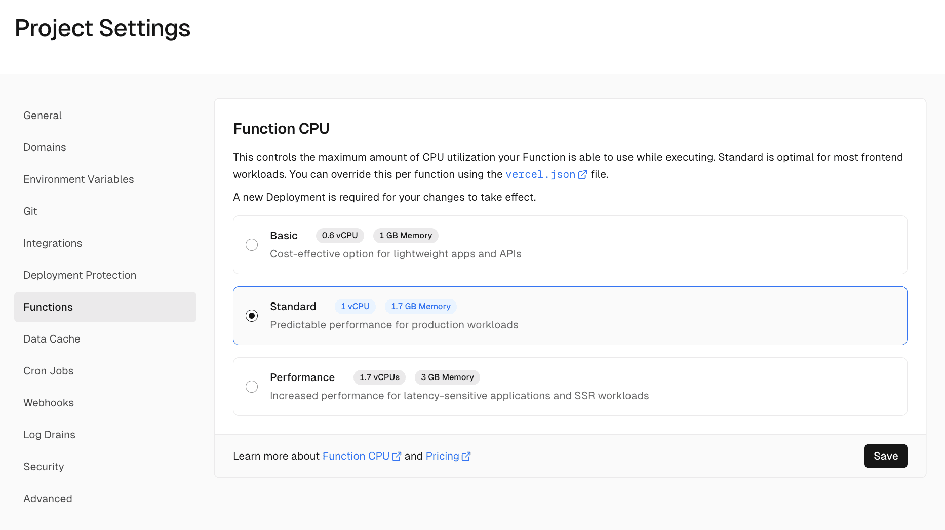 The Function CPU setting in a Vercel project's dashboard