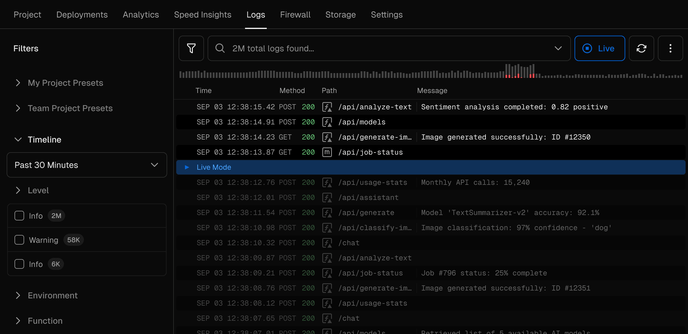 Layout to visualize the runtime logs in live mode.