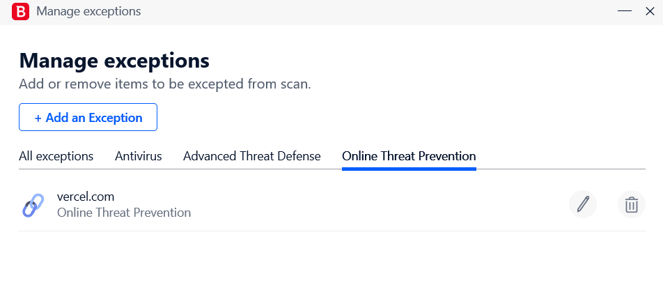 Managing exceptions in Bitdefender