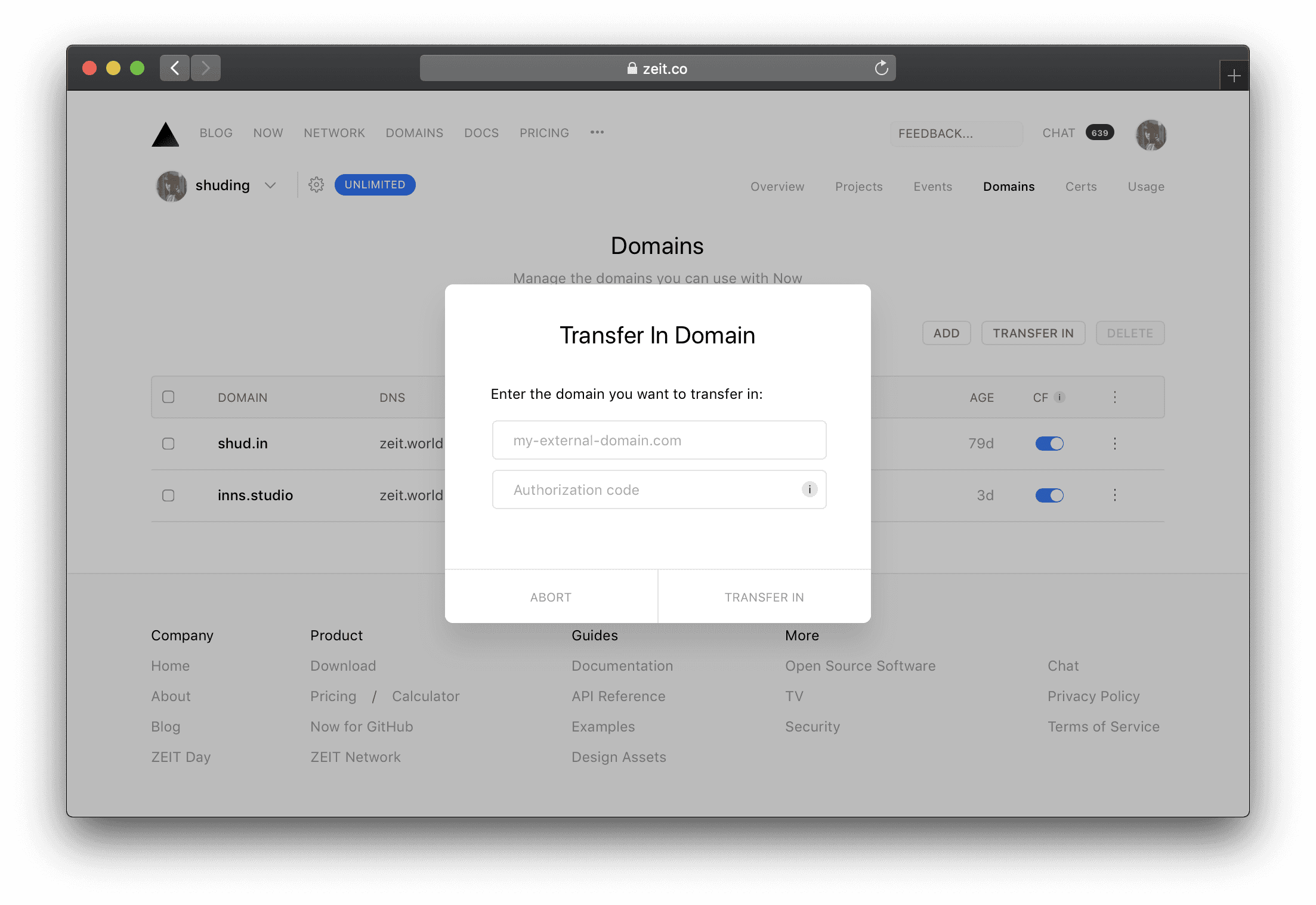 Transferring in a Domain via the Vercel Dashboard.