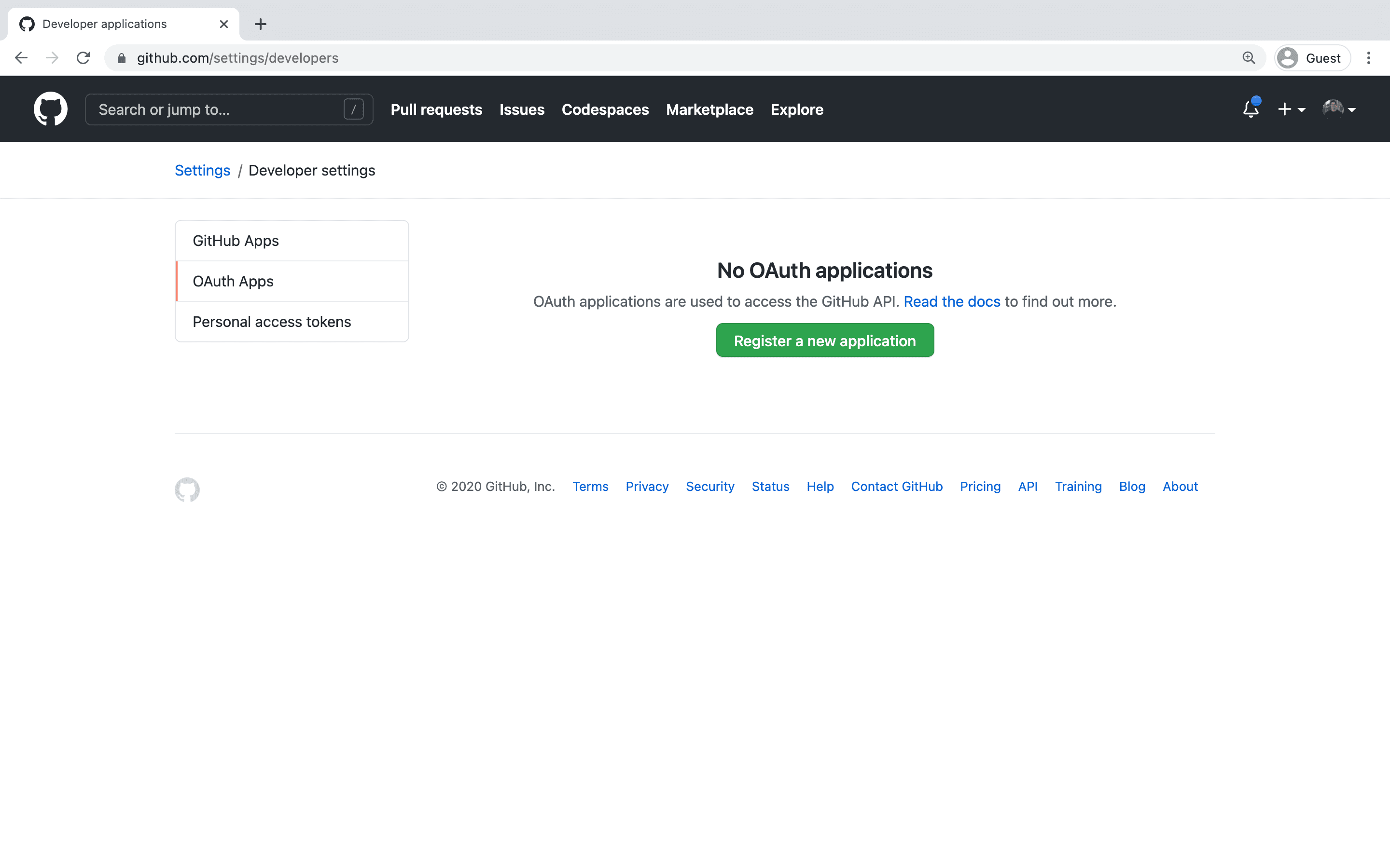 Create a new OAuth application inside GitHub.