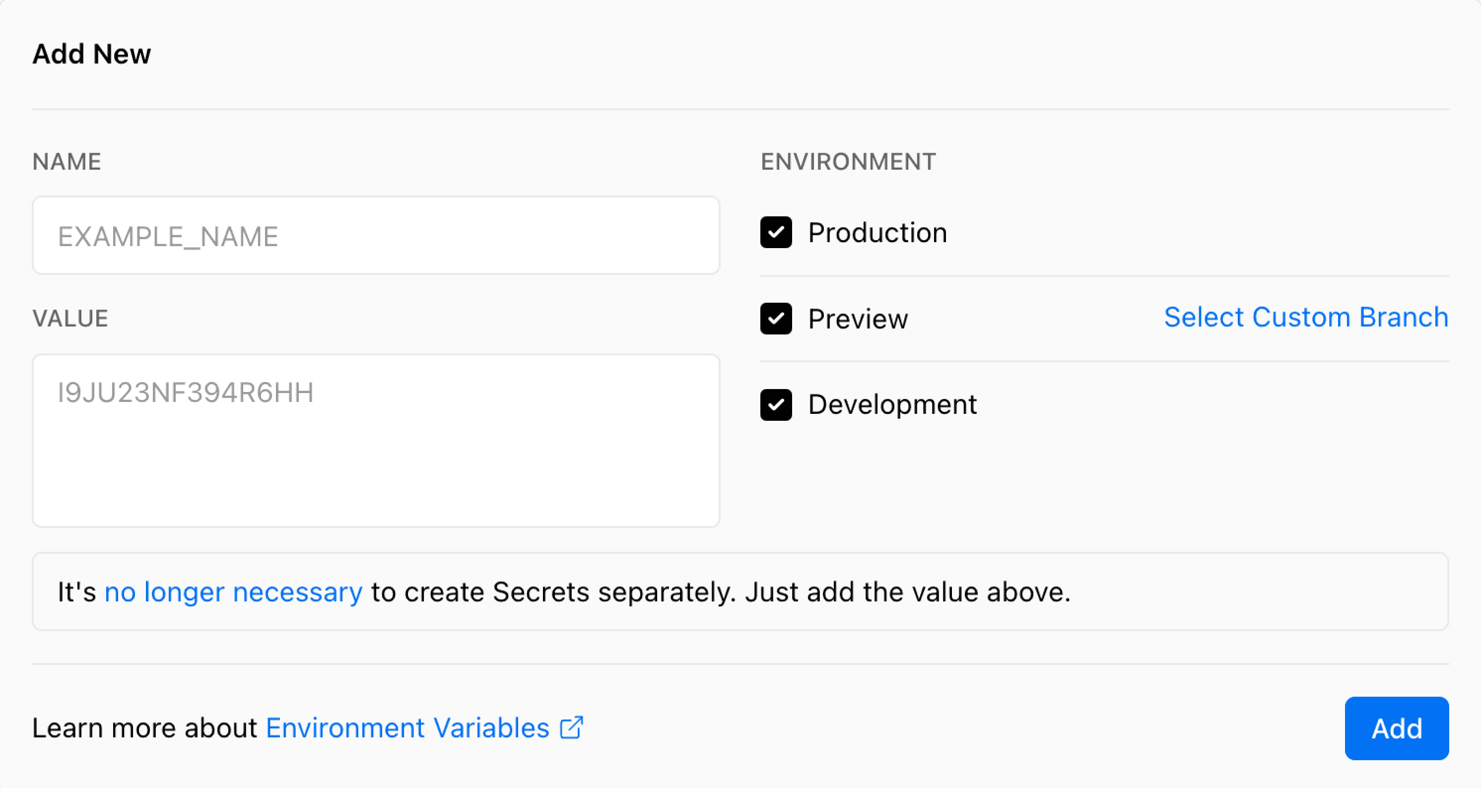 The Environment Variables UI in Project Settings.