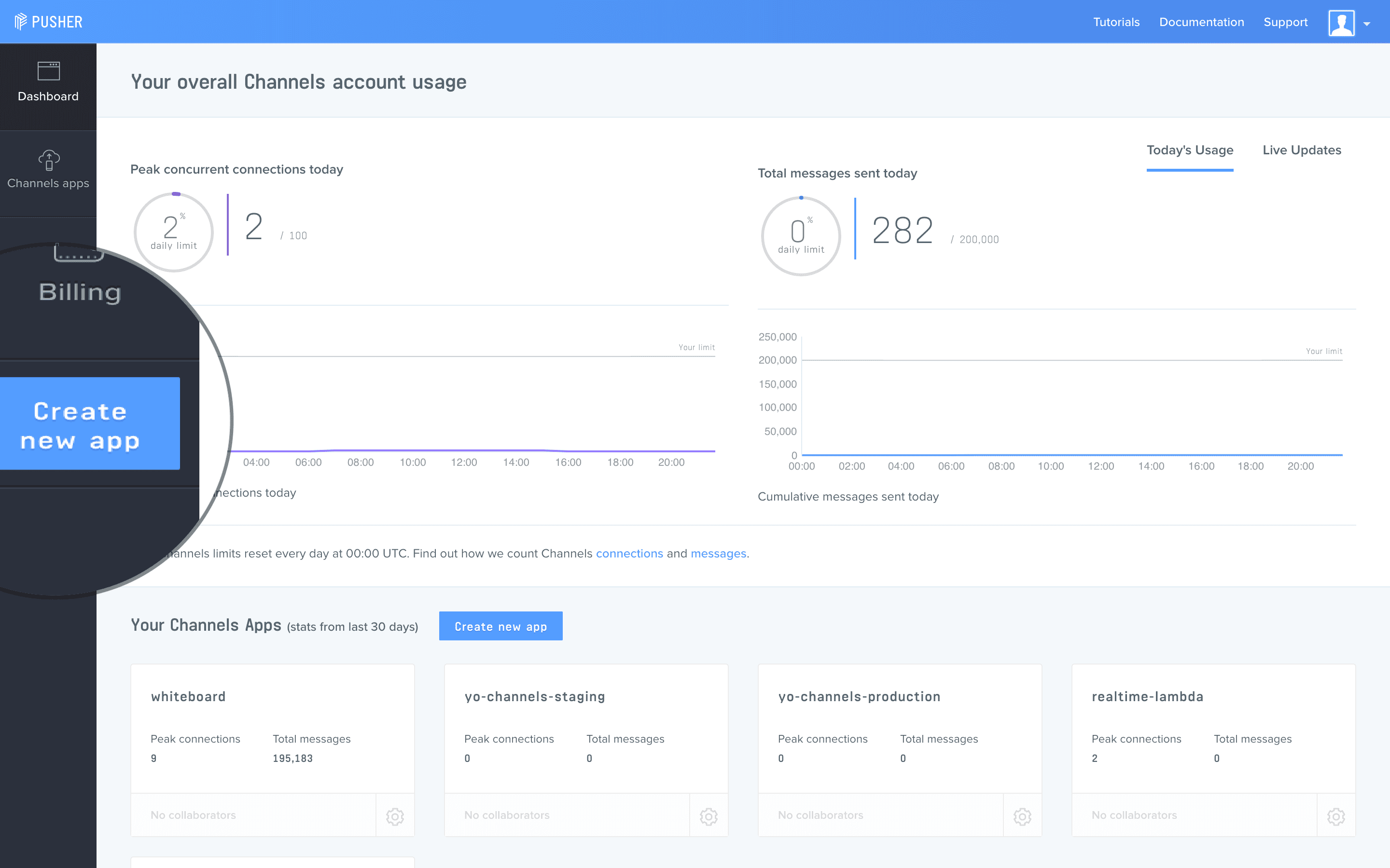 Creating a new app from the Channels dashboard.