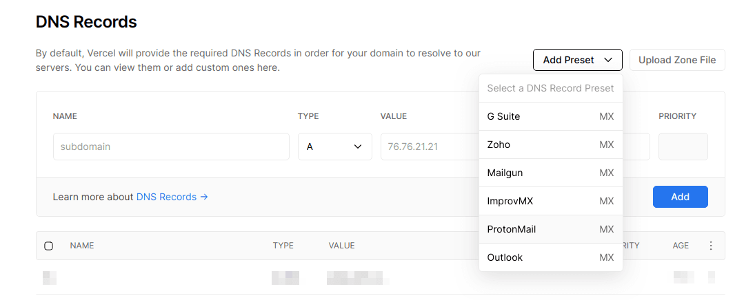 The preset dropdown in the DNS UI.