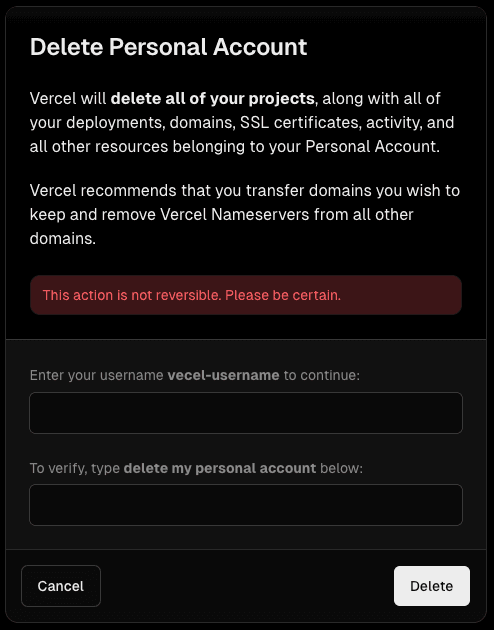 Deleting a personal Vercel account