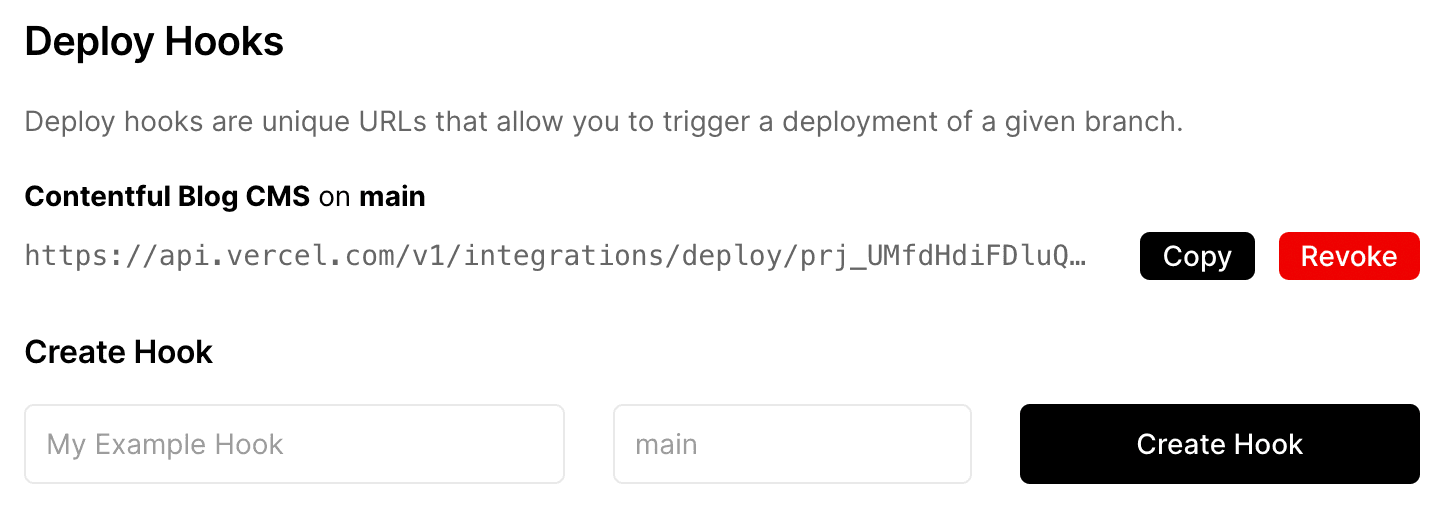 A unique URL is generated when a Deploy Hook is created.