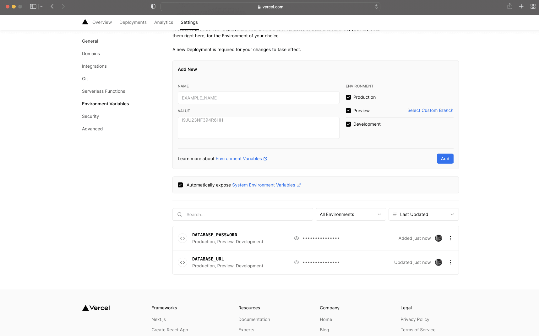 Vercel Environment Settings