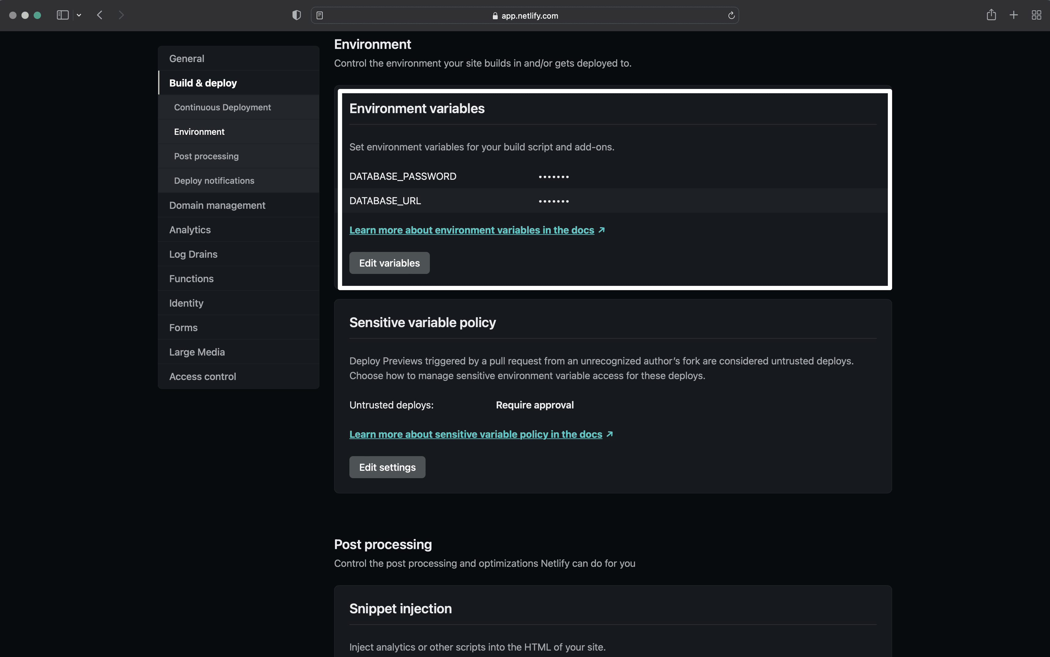 Netlify Environment Settings