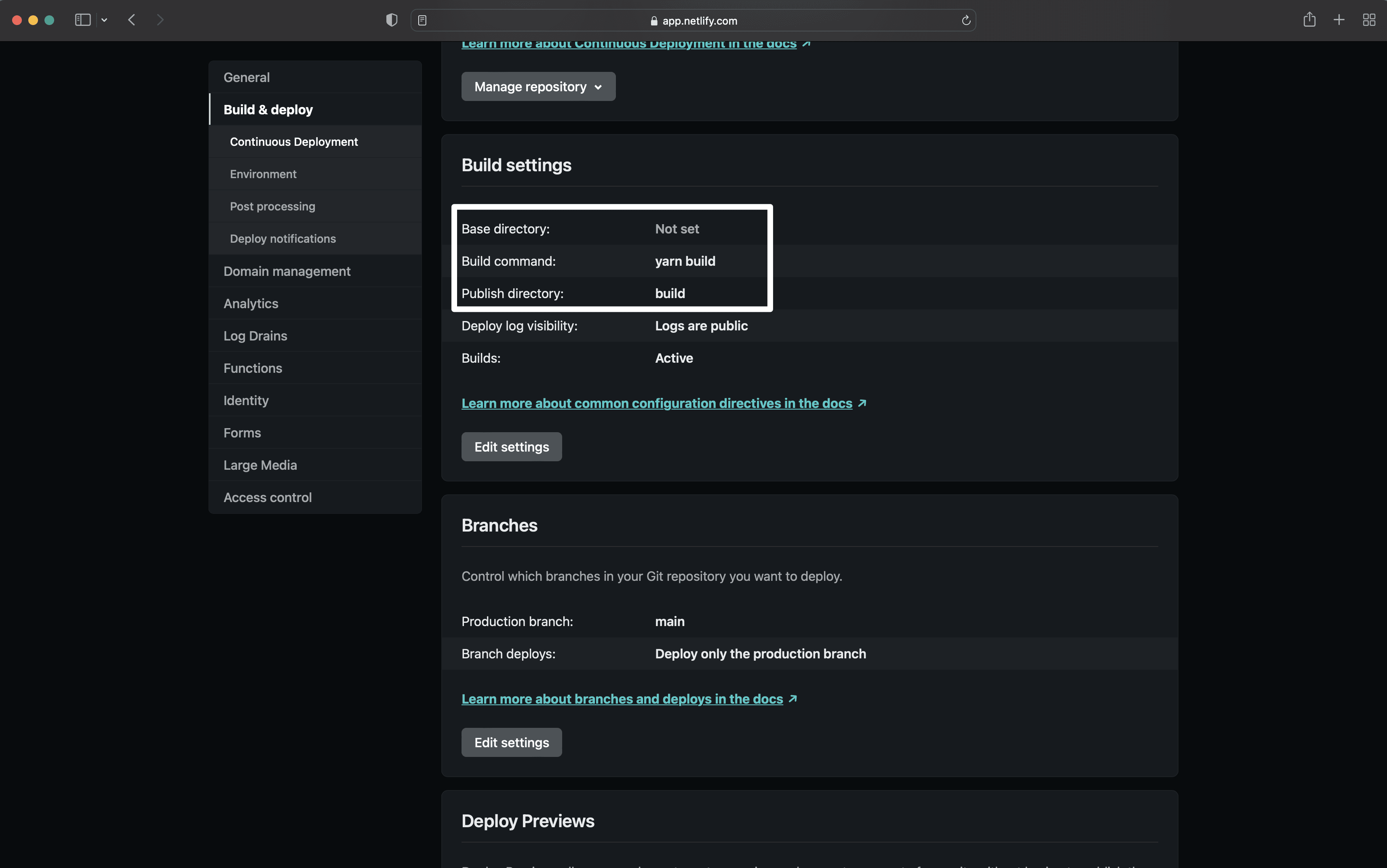 Netlify Build Settings