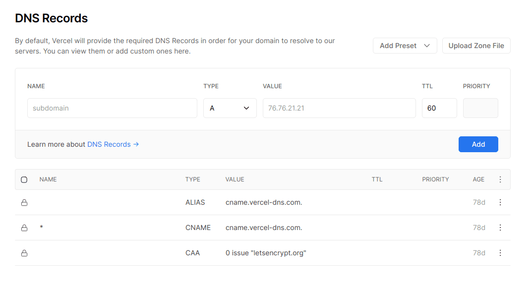 The DNS UI for a freshly added domain, with default records.