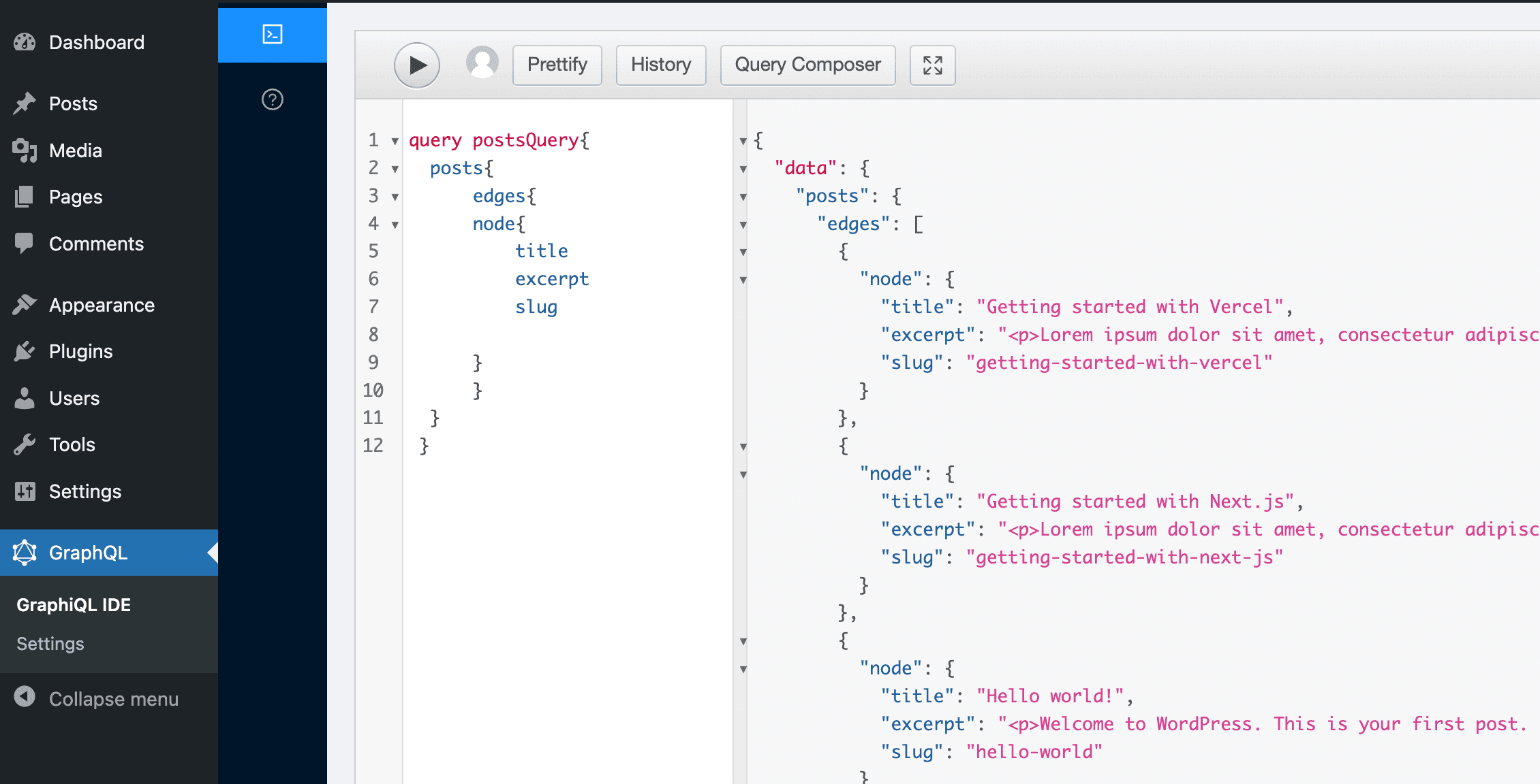 Using the WPGraphQL IDE to query data for your WordPress posts.